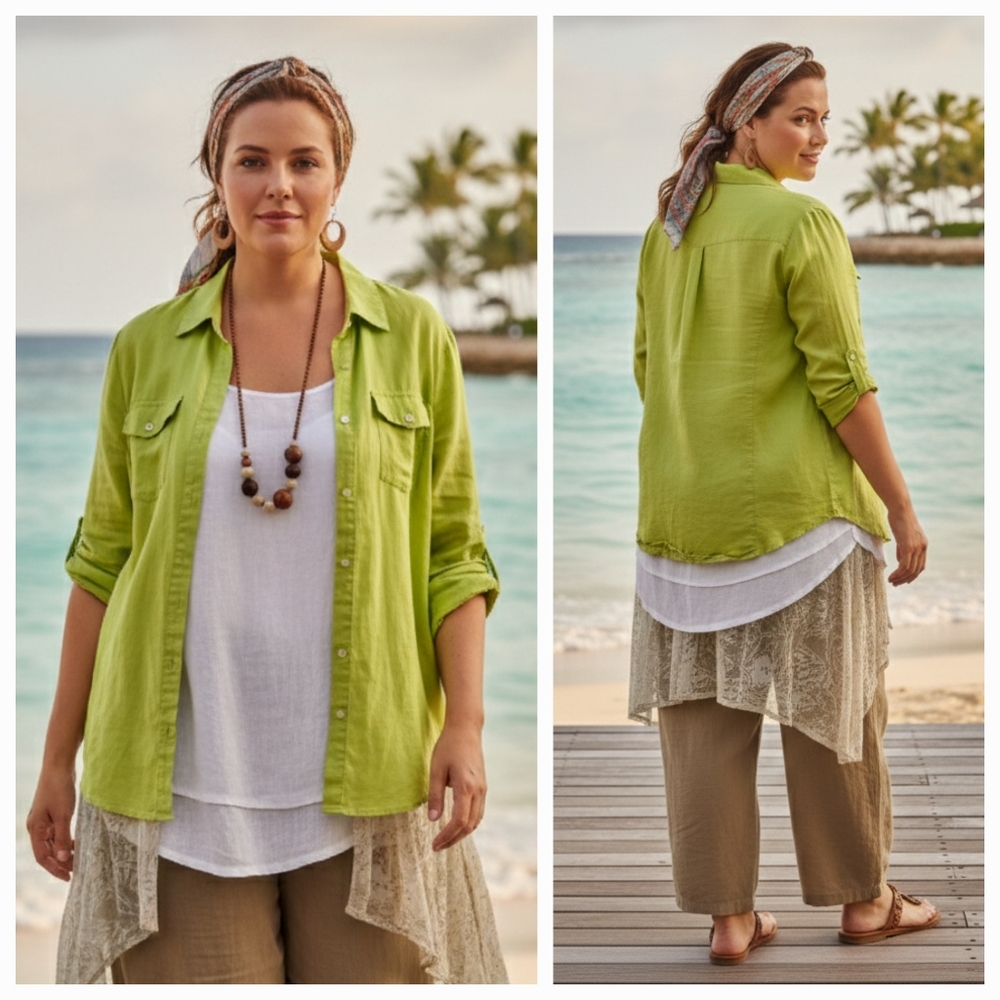 NWOT Tracy M. 3X Lagenlook Resortwear Bohemian Beach Gauzey Button Down Shirt